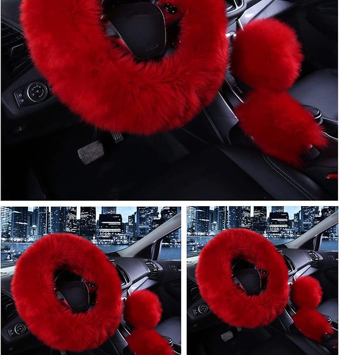 3 Pcs Car Steering Wheel Cover & Handbrake Cover & Gear Shift Cover Set Faux Wool Warm Winter (Wine Red)