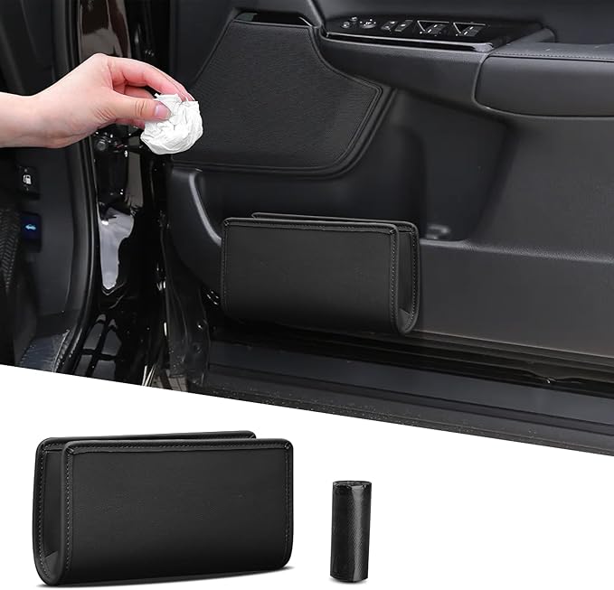 Car Trash Can, Leather Vehicle Trash Bin, Car Dustbin Garbage Organizer Holder, Universal Interior Accessories Foldable Hanging Mini Cars Storage Bag Container Fits for Car, Home (Black)