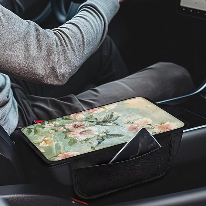 Dreaweet Hummingbird Flower Print Arm Rest Cover for Car Truck SUV Van,Elegant Car Accessories Teal Center Console Covers with Pockets,Soft Comfy Car Armrest Cover Pad,Easy to Install