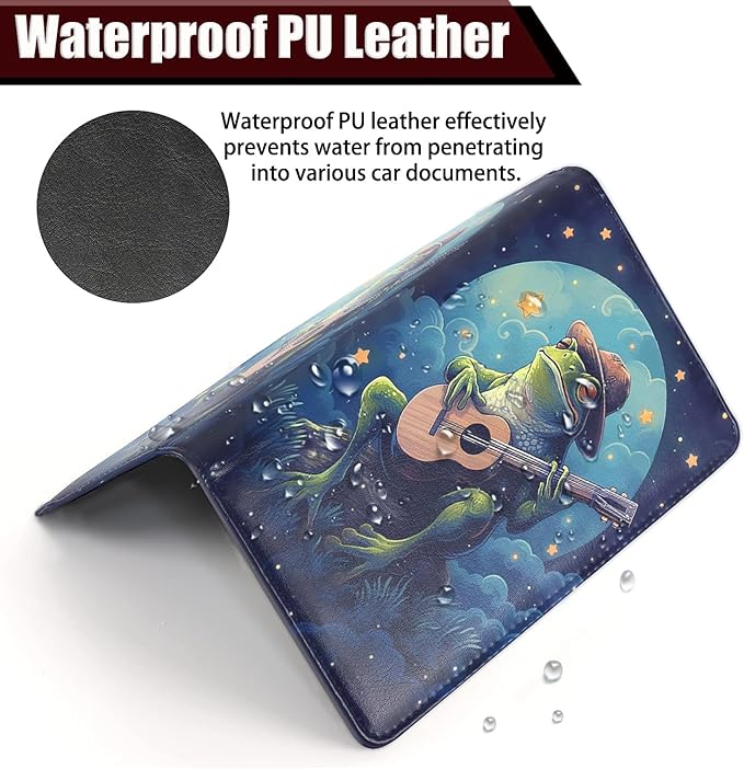 Car Registration and Insurance Holder, PU Leather Auto Document Holder for Men&Women, Vehicle Glove Box Compartment Organizer with Magnetic Shut for Driver's License, Frog Playing Guitar Pattern