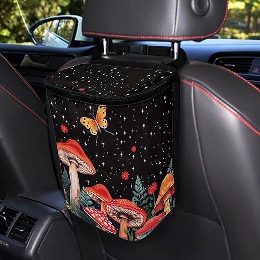 Hanging Mushroom Car Trash Bin Interior Accessories Portable Vehicle Garbage Cans Bag for Back Seat Washable Mini Car Trash Cans for Front Back Seat