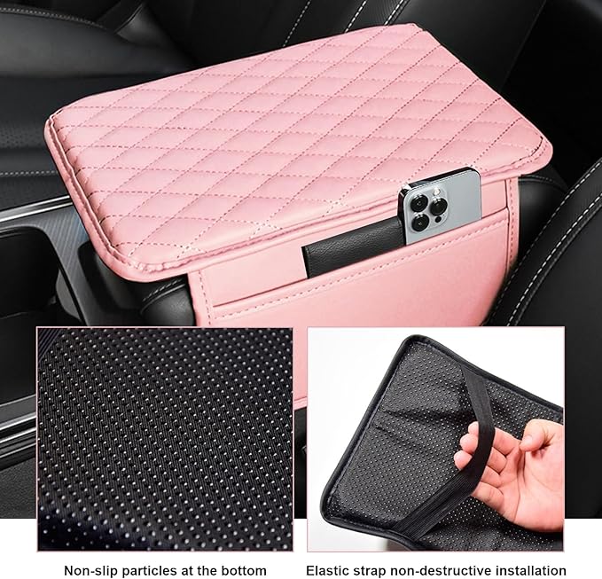 Car Center Console Cover, Leather Armrest Cover Cushion with 2 Storage Bags, Auto Interior Arm Rest Seat Box Pad Accessories, Universal Armrest Organizer for Cars SUVs Truck and More (Pink)