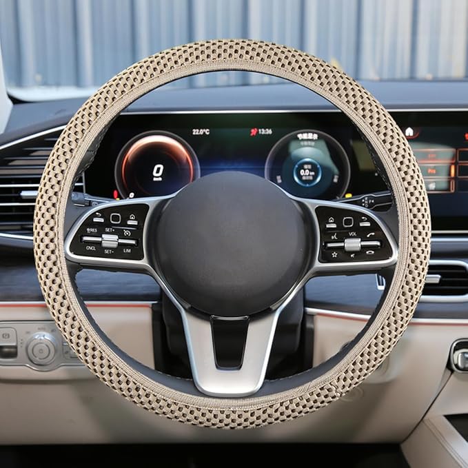 Elastic Stretch Steering Wheel Cover, Anti-Slip 15 inch Microfiber Odorless Breathable Ice Silk Car Steering Wheel Protector, Easy Carry, Warm in Winter & Cool in Summer (Beige)