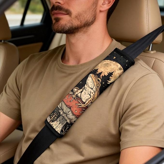 Psesaysky 5 Piece Car Accessories Set Mushroom Frog Comfort Front Seats Covers Set of 2, Car Seat Belt Pads with Center Console Armrest Cushion Universal Fit Most Truck SUV Van