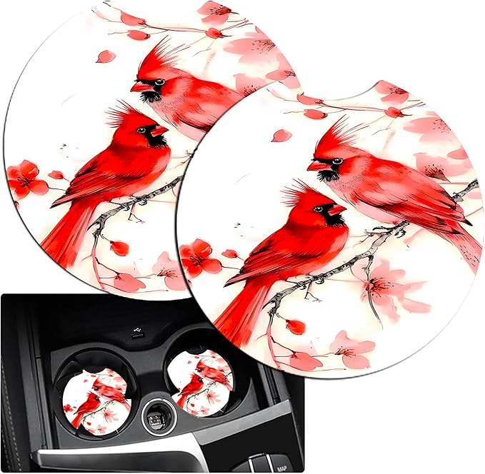 JANENFNA Car Armrest Cover Pads Universal Fashion Cute Auto Center Console Armrest Cover Pad with 2PCS Car Coasters Soft Waterproof Car Armrest Seat Protector for Women,Cute Cardinal Bird