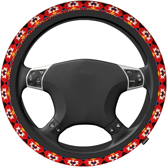 Swono Geometric Red Universal 15" Steering Wheel Covers Traditional Ethnic Tribal Colorful Geometric Pattern Cute Car Steering Wheel Cover for Men Women Girls Car Accessories