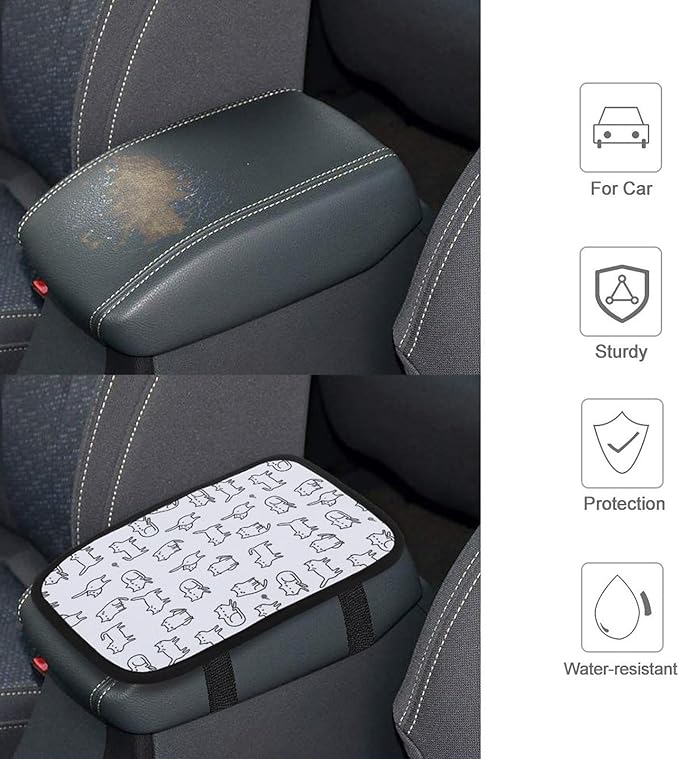 Black White Cat Car Center Console Cushion Pad,Waterproof Armrest Seat Box Cover Protector,Comfortable Car Decor Accessories Fit for Most Cars, Vehicles, SUVs