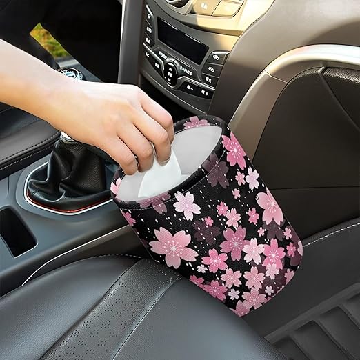 Cherry Blossom Car Garbage Can Small Trash Can with Leak Proof Inside Liner And Hanging Strap Car Organizer Portable Car Essentials for Road Trip