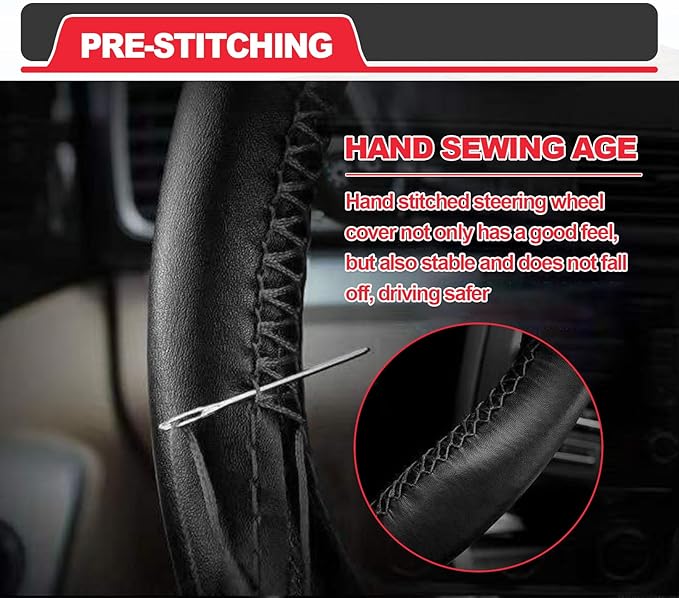 Direct PU Leather Steering Wheel Cover, 15 Inch Non-Slip Breathable/Soft and Comfortable Feeling, Genuine PU Leather Stitch On Wrap for Car Truck SUV - DIY Sewing with Needle Thread (Black)