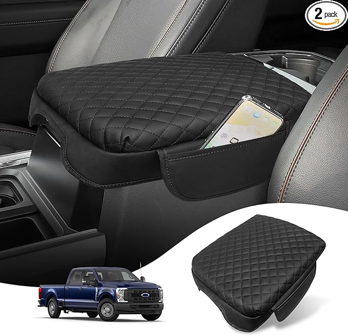 Custom for Center Console Cover 2023 2024 2025 2026 Ford F250 F350 F450 F550(Bucket Seat Only) Armrest Cover Accessories PU Leather Armrest Seat Box Cover Protector with Pockets Storage Bag