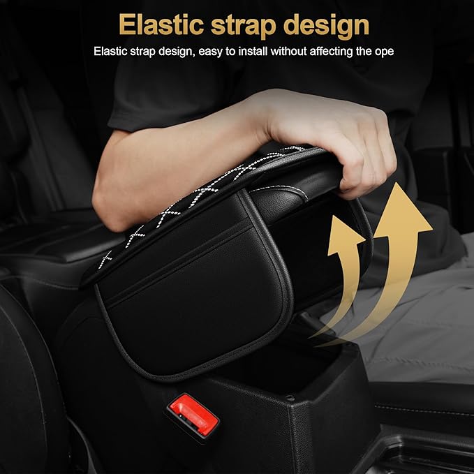 Center Console Cover Fit for Clarity: Upgraded Bling Diamond Car Armrest Cover - Crystal Rhinestone Car Center Console Cover with 2 Storage Bags,Anti-Scratch Auto Armrest Pad Accessory （Black