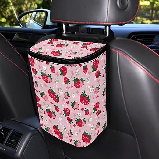 KEIAHUAN Pink Strawberry Car Trash Can Hanging Cute Detachable Garbage Bag for Back Seat Foldable Multipurpose Trash Bin Container Storage Suitable for Sedans, SUVs, Vans