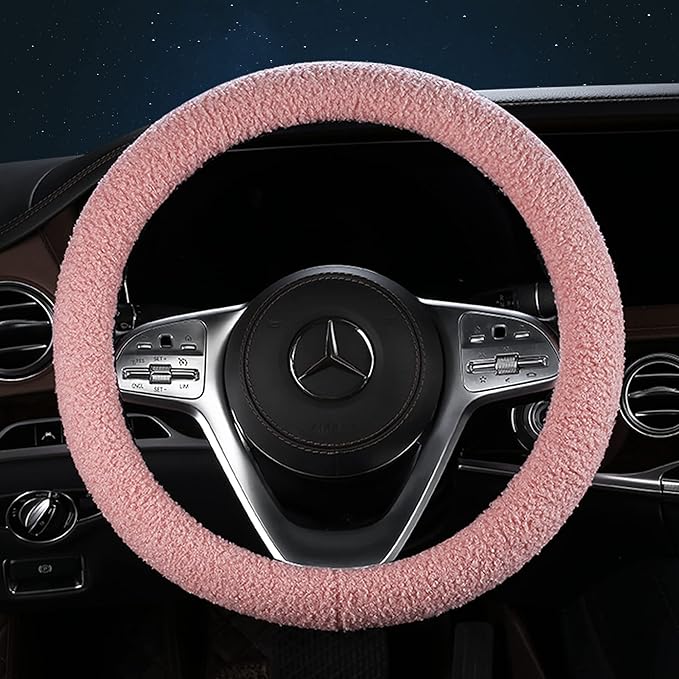 Furry Winter Car Steering Wheel Cover for Women, Soft Fleece Short Plush Warm Universal Auto Accessories for Vehicle, Sedan, Fuzzy, Anti Slip, Pink, Standard Size, 14.75-15.15in