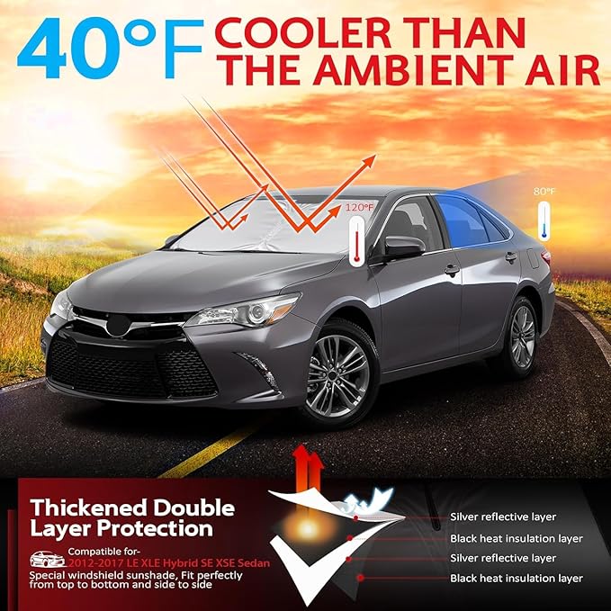 KAYZT Windshield Sun Shade for Toyota Camry 2012-2017 LE XLE Hybrid SE XSE Sedan Foldable Sunshade Front Window Custom Fit Accessories