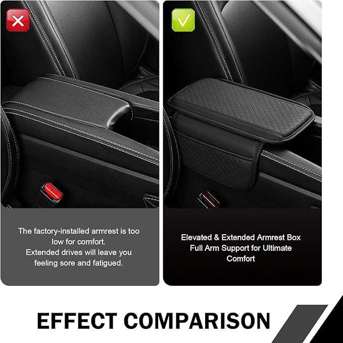 Car Center Console Cover, Perforated Leather Armrest Cushion with 2 Storage Bags, Plaid Arm Rest Box Pad, Car Armrest Storage Box Interior Accessories for Most Vehicles (Black)
