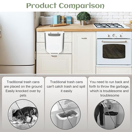 JIABEIUS Collapsible Hanging Trash Can, Compost Bin Kitchen with 60pcs of Garbage Bags, 2.6 Gallon Plastic Folding Garbage Bin for Cabinet, RV, Camping, Bedroom