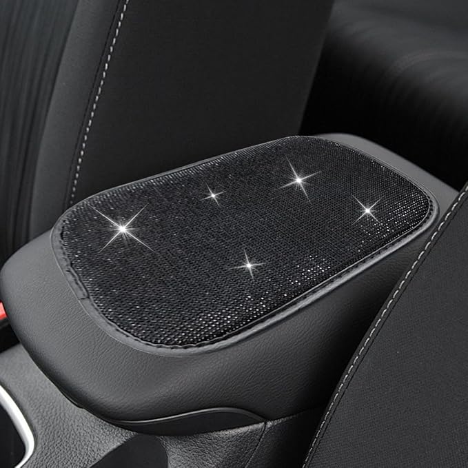 11.9''×8.4'' Bling Car Center Console Cover, Crystal Rhinestone Arm Rest Protective Cushion Pad, Diamond Soft Elbow Pillow, Auto Interior Decoration Accessories for Women Girls (Black)