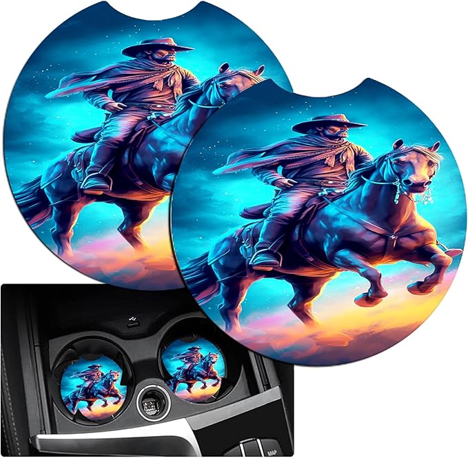 JANENFNA Car Armrest Cover Pads Universal Fashion Cute Auto Center Console Armrest Cover Pad with 2PCS Car Coasters Soft Waterproof Car Armrest Seat Protector for Women,Cowboy Horse
