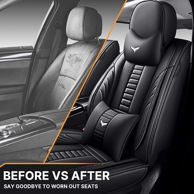 Pengchen Luxury 2 Seats Car Seat Covers Protectors for Civic 2017-2025, Back Storage Pocket Design & Headrest Pillow & Lumbar Support Black & Black Line