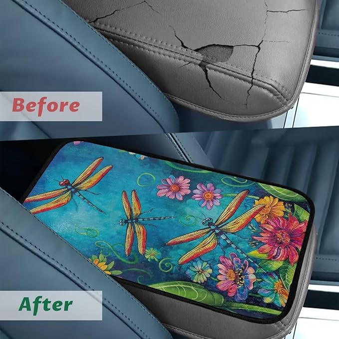 Bulopur Dragonfly Armrest Cover Car Easy to Install Car Center Console Cushion Pad Flannel Auto Armrest Console Car Accessories Comfortable Universal Fit Most Cars Women Men