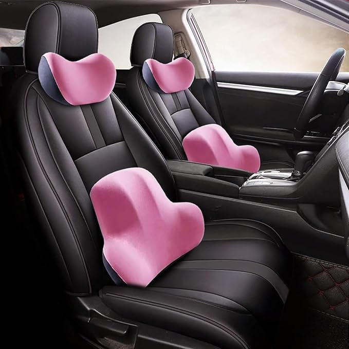 Car Headrest & Lumbar Support Cushion for Ford F-350 SuperCrew 2009-2024, Ergonomic Memory Foam Seat Headrest Neck Rest Cushion Travel Kit Removable for Neck Back Pain Relief,Pink