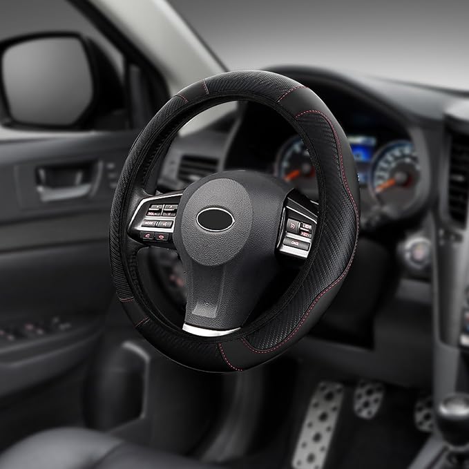Car Steering Wheel Cover, Steering Wheel Protector, 15 inch Durable Leather Cover with Anti-Slip Lining, Universal Carbon Fiber Microfiber Leather Car Accessories for Most Cars (Black)