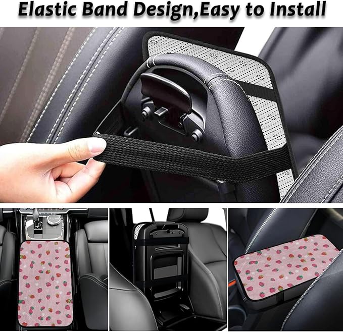 CLOHOMIN Pink Strawberry Car Center Console Cover Cute Armrest Cover for Car Truck Van Flannel Auto Arm Rest Cover Accessories with Elastic Bands