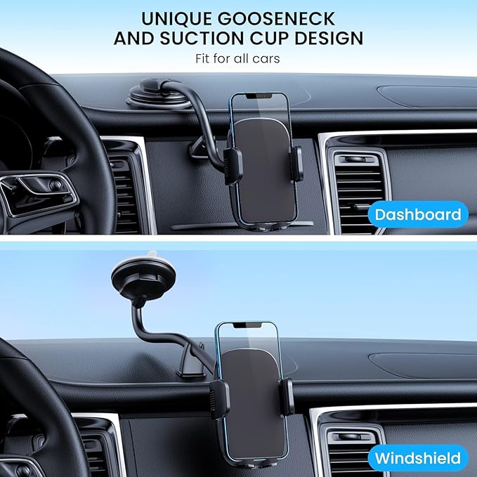 Qifutan Cell Phone Holder Long Arm Dashboard Windshield Car Phone Holder Anti-Shake Stabilizer Phone Car Holder Compatible with Phone Smartphone Grey
