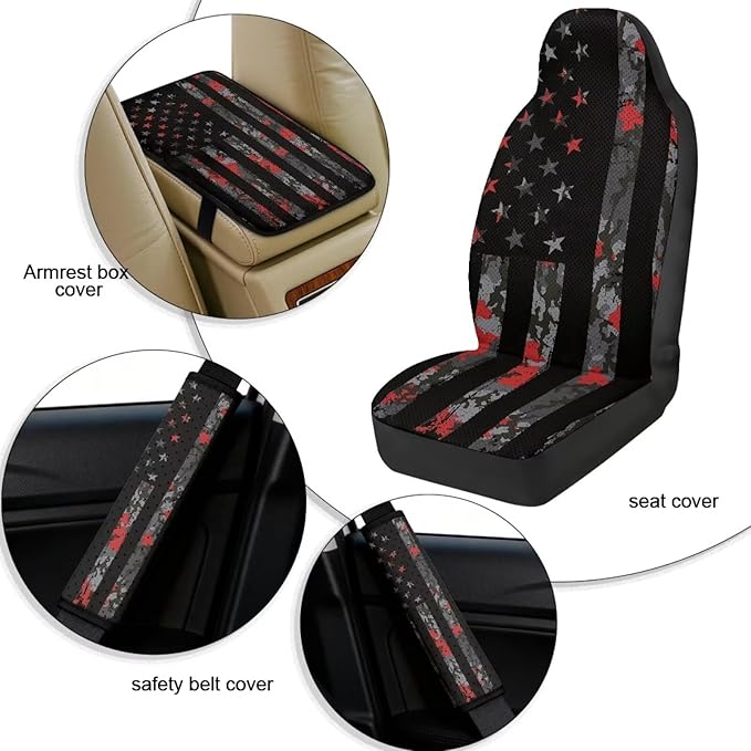 Oramclsy American Flag Car Seat Covers Set with Armrest Pad and Camouflage Seat Belt Cover 5 Pack Car Decor for Womens Men Universal Size