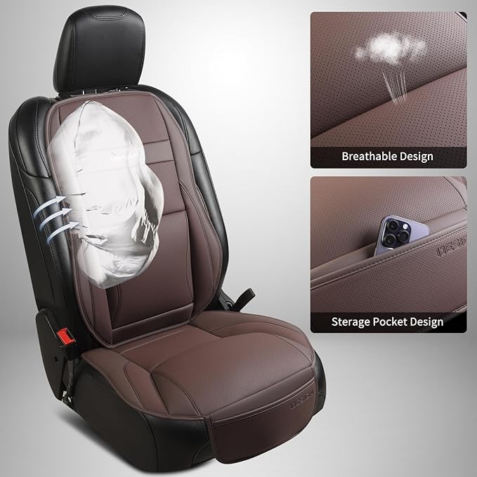 Gripure Car Seat Cover Protector for Front Seats – Waterproof, Breathable Faux Nappa Leather, Airbag Compatible, Dual Support for Waist & Legs, Universal Fit for Sedans, SUVs, Pickups (2pcs, Brown)