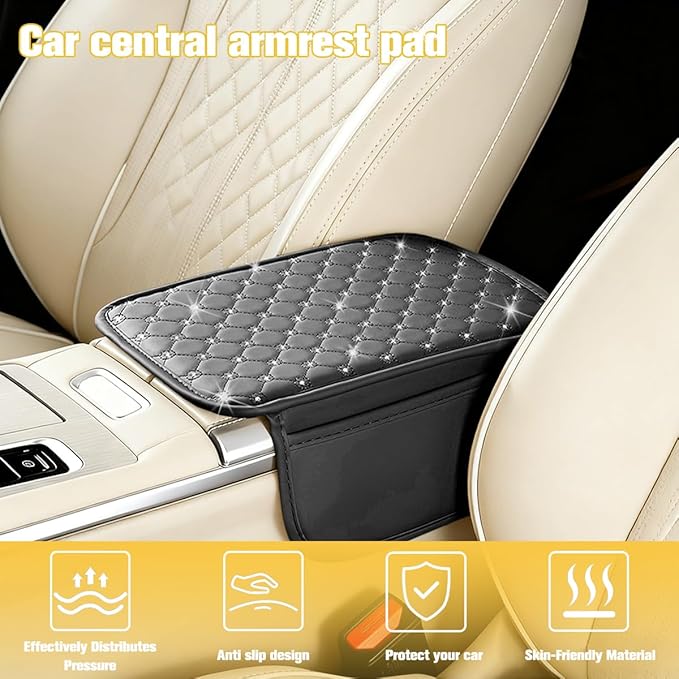 Car Center Console Cover, Leather Vehicle Armrest Storage Box Protector with 2 Storage Bags, Automotive Interior Middle Console Cushion Pad, Universal for SUV Sedan Truck (Black)