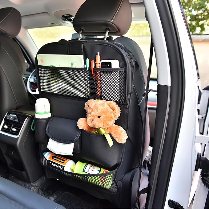 VEHIRIE Car Backseat Organizer with Foldable Table Tray, Premium Leather Car Seat Back Protectors Kick Mats for Kids, Toy Storage Box with 10 Inch Touch Screen, Tablet Holder
