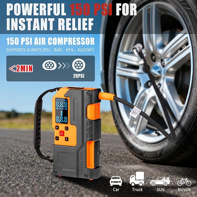 HLWDFLZ Car Roadside Emergency Kit, Jump Starter with Air Compressor, First Aid Kit, Tow Rope, Roadside Safety Emergency Tool Kit for Women, Men, Teen (Orange)