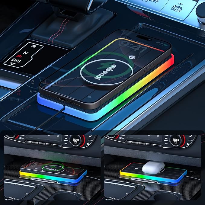Magnetic Wireless Car Charger Pad, Aubenai 15W RGB Fast Wireless Charging Pad Non Slip Charging Mat with 70cm Extension Cable Compatible with Magsafe Charger iPhone 16 15 14 13 12 (Extension USB-A)