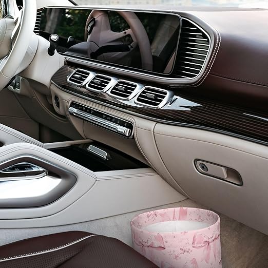Pink Ribbon Bow Floral Car Trash Can Leak-Proof Waterproof Hanging Trash Bin Collapsible Garbage Can for Car Accessories Travelling Camping