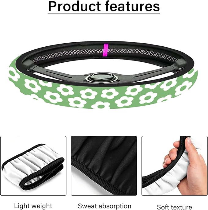 Car Steering Wheel Cover for Women Men, Non-Slip Breathable Cute Steering Wheel,Green Flowers Steering Wheel Protector, Car Accessories, Universal 14" 02/2-15" Fit Auto, Suvs