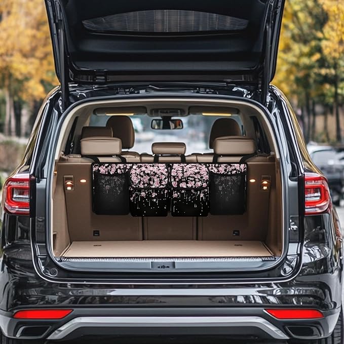 Cherry Blossom Auto Back Seat Trunk Organizer Hanging Car Organizer Trunk Foldable Cargo Storage with 4 Large Pockets 3 Adjustable Straps 37x11.8inch