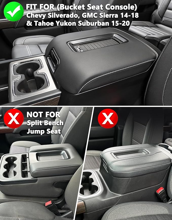 KBH Center Console Armrest Cover for Chevy Silverado, GMC Sierra 1500 2500 3500 2014-2018 & Tahoe Yukon Suburban 2015-2020, Floor Console Bucket Seat, Vinyl Leather, Dark Brown