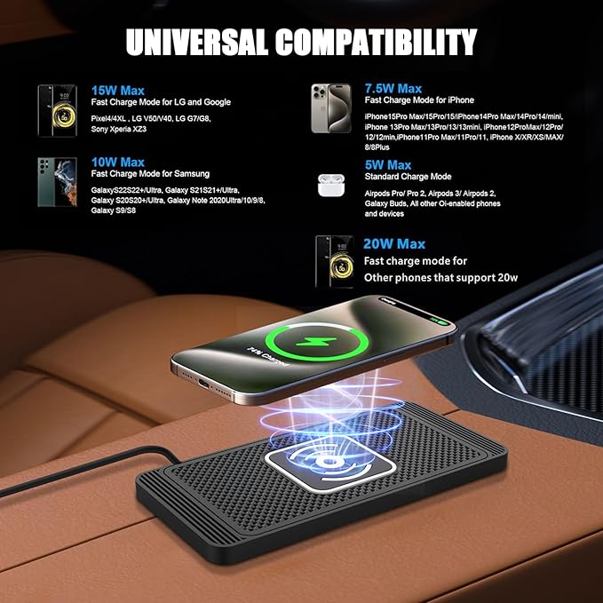 ZPSHYD Wireless Car Charger Charging Pad 15W Non Slip Fast Charging Phone Charger 4 Charging Modes, Compatible with Android iOS Qi Devices (1m Cable USB Port)