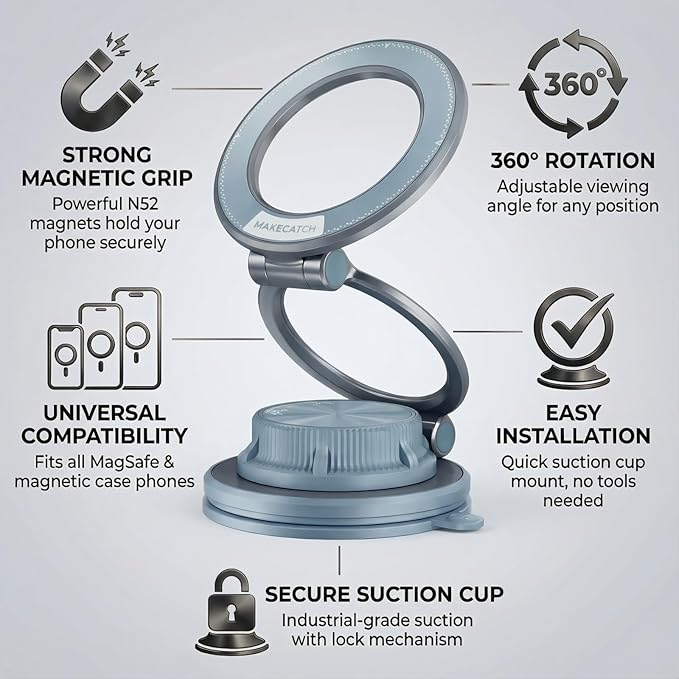 makecatch Vacuum Magnetic Car Phone Mount, 120+LB N55 Magnet (3000gf) Dashboard & Windshield Holder with Ultra-Stable Suction Cup, Foldable 0.83in Compact Car Mount for iPhone Samsung - Blue