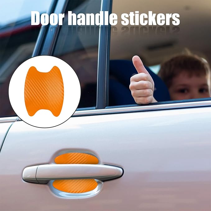 Kewucn 4PCS Car Door Handle Sticker, Carbon Fiber Auto Door Side Handle Protective Films, Anti-Scratch Vehicle Door Cup Protector, Universal Exterior Accessories for Most Cars (Orange)