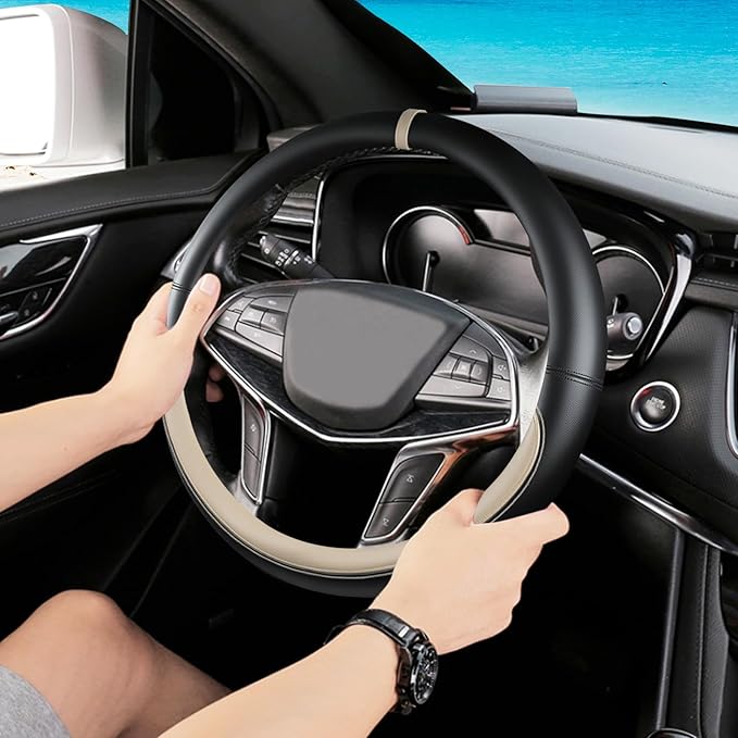 Black Beige Car Steering Wheel Cover, Nappa Leather, Bottom Color Blocking, Universal 14.5-15 Inch Leather Anti-Slip Breathable Auto Steering Wheel Covers for Men Women