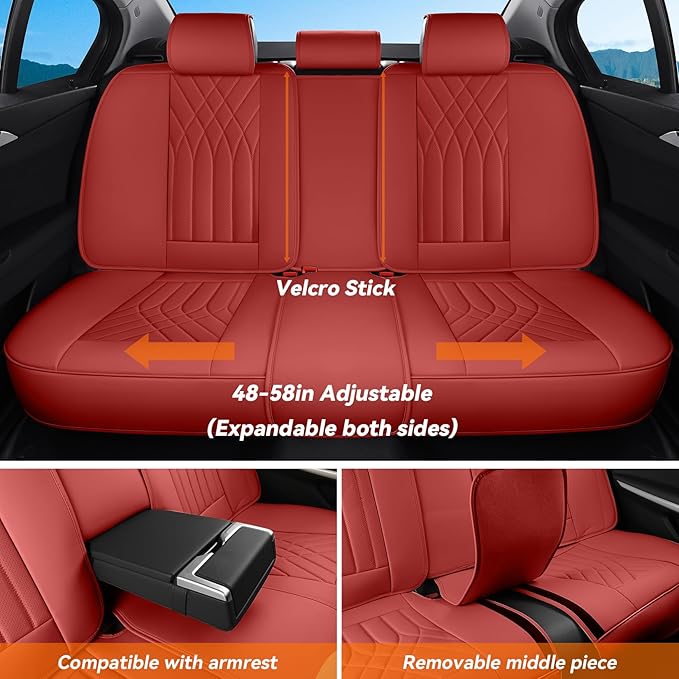 GEZHOUBA Red Car Seat Covers Full Set, Luxury Faux Leather Red Seat Covers for Cars Front and Back Seats Protector, Waterproof Full Wrapped Covers Universal Fit for Most Cars Sedans SUVs