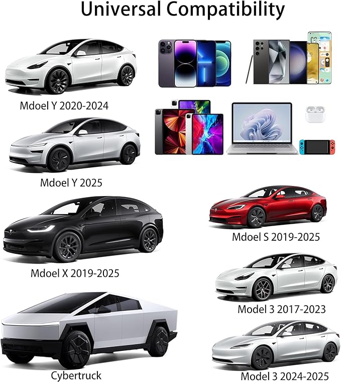 Retractable Fast Phone Charger Compatible with Tesla Model Y 3 X S, 4 in 1 Car Phone Charger Adapter 60W, USB C and Lightning Charger, Model Y 3 X S Accessories 2025-2018, 2.6ft
