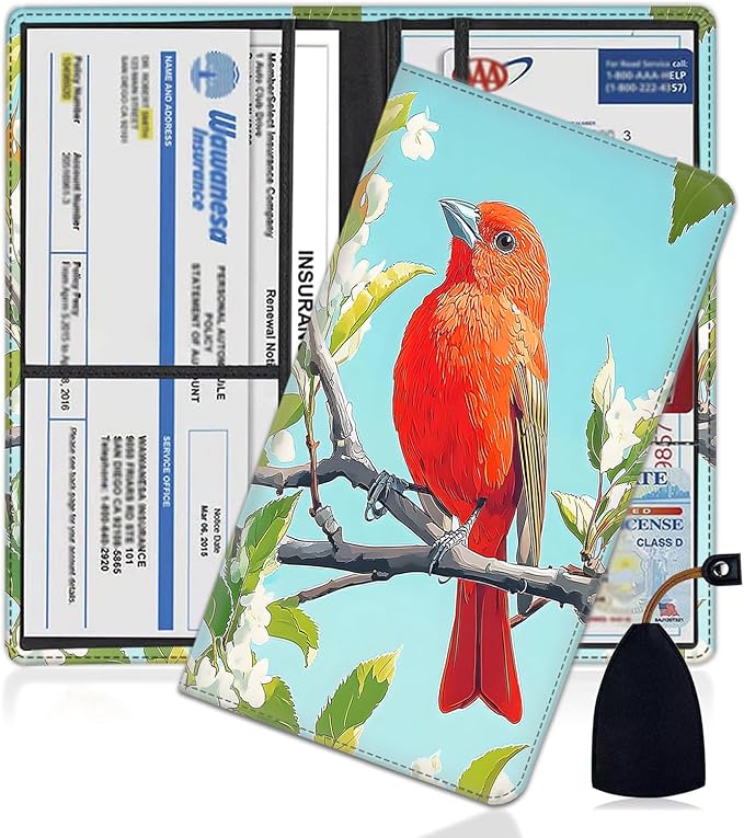 Car Document Holder with Magnetic Shut, Car Registration and Insurance Card Holder, Vehicle Glove Box Organizer Documents, Driver License, Auto Paperwork Organizer Wallet, Red Bird On The Branch