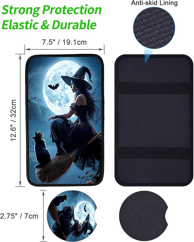 JANENFNA Car Armrest Cover Pads Universal Fashion Cute Auto Center Console Armrest Cover Pad with 2PCS Car Coasters Soft Waterproof Car Armrest Seat Protector for Women,Beautiful Witch
