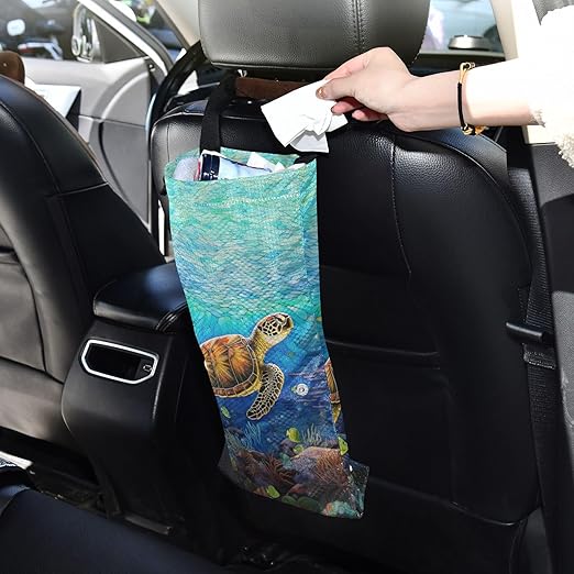 ALAZA Hanging Car Trash Bags Garbage Bag Trash Can for Back Seat Small Sea Turtle 1 Washable Storage Bag Retractable 2 Pack