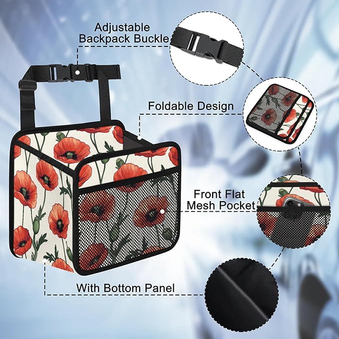 Flowers Poppies Car Backseat Organizer PU Leather Red Floral Truck Back Seat Trash Bag Universal Hanging Storage Box Travel Accessories Foldable