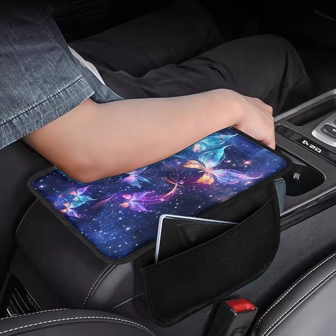 Dreaweet Galaxy Butterfly Arm Rest Cover for Car Purple Center Console Cover with 2 Storage Pockets,Universal Armrest Cover Cushion Pad for Car Truck SUV Van