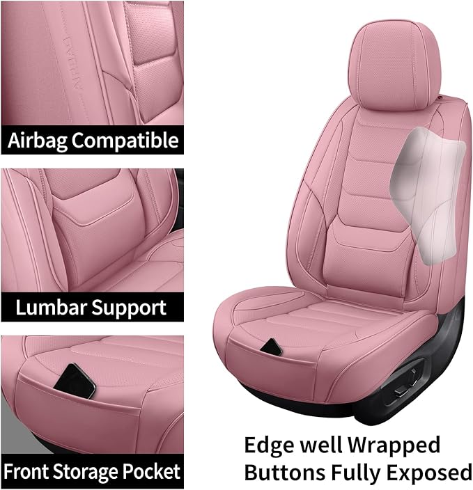 SCOMEE Pink Leather Car Seat Covers Front Seat Breathable Seat Protectors Waterproof Automotive Seat Covers Universal Fit for Most Cars SUVs Trucks Vehicles